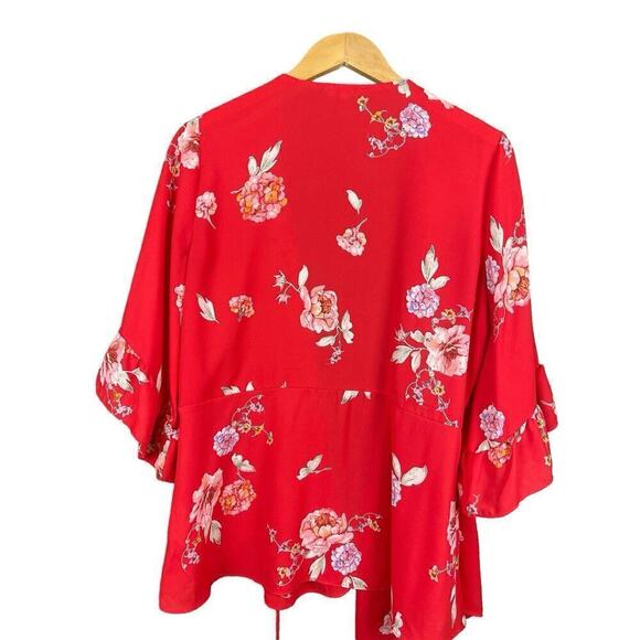 Pleione Coral Pink Wrap Blouse Floral Print Women Medium Ruffle Sleeve Flowy - Picture 5 of 13